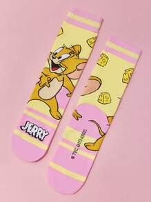 TOM & JERRY X SHEIN 2 双柔软透气吸湿排汗休闲情侣中筒袜，卡通条纹图案，时尚可爱，灰色和粉色中筒袜，加固脚趾和脚跟，经久耐用，男女通用，四季百搭 - 彩色 - 查看 10