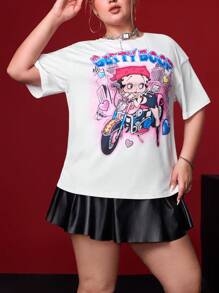 Betty Boop x SHEIN Summer Outfits Cute Rave Concert Vacation Beach Casual Boho Sexy Elegant Retro Gyaru Y2K Cool White Plus Size Casual Cartoon Portrait Motorcycle Heart Pattern Drop Shoulder Short Sleeve Loose T-Shirt,