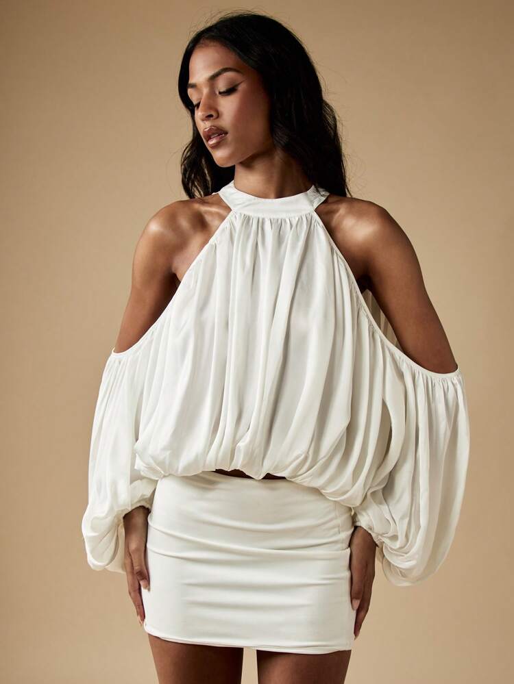 MISSGUIDED Blusa de hombros descubiertos con cuello halter, manga de globo, apropiada para boda, resort, eventos formales, fiestas de noche y salidas nocturnas