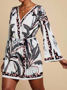 Travachic Váy mini tay loe họa tiết nhiệt đới cho nữ, đi nghỉ thường ngày - màu nâu - Xem 1