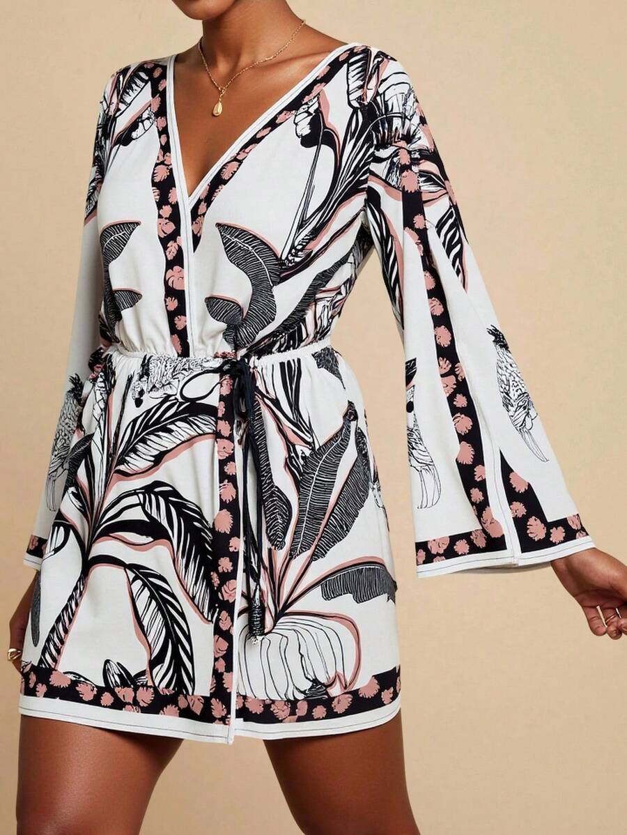 Travachic Váy mini tay loe họa tiết nhiệt đới cho nữ, đi nghỉ thường ngày - màu nâu - Xem 1