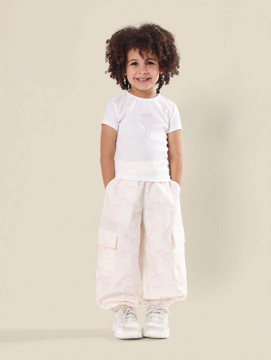 SUMWON Kids Heart Print Summer Co-Ord Cargo Pants Short Sleeve T-Shirt Ribbed Holiday Outfit Set Casual Playtime Outfit - Yellow - View 1