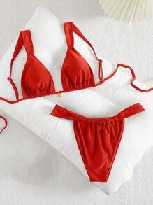 Swim Vcay Áo ngực hở lưng bằng vải không gọng màu ngọc trai lấp lánh dự tiệc có viền kim loại, bộ bikini ngày lễ đơn giản và thanh lịch dành cho nữ - Đỏ - Xem 5