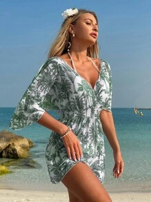 Swim Lushoire 海滩度假服装 女式热带印花透明网眼宽松腰部 V 领中长款海滩罩衫 - 彩色 - 查看 4