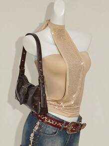 SHEIN ICON Top corto de halter de encaje con apliques de rhinestone y cierre de cordones, top bandeau sexy que se ajusta a la figura