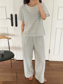 DAZY 女士休闲条纹睡衣套装、家居服 - 卡其色 - 查看 1