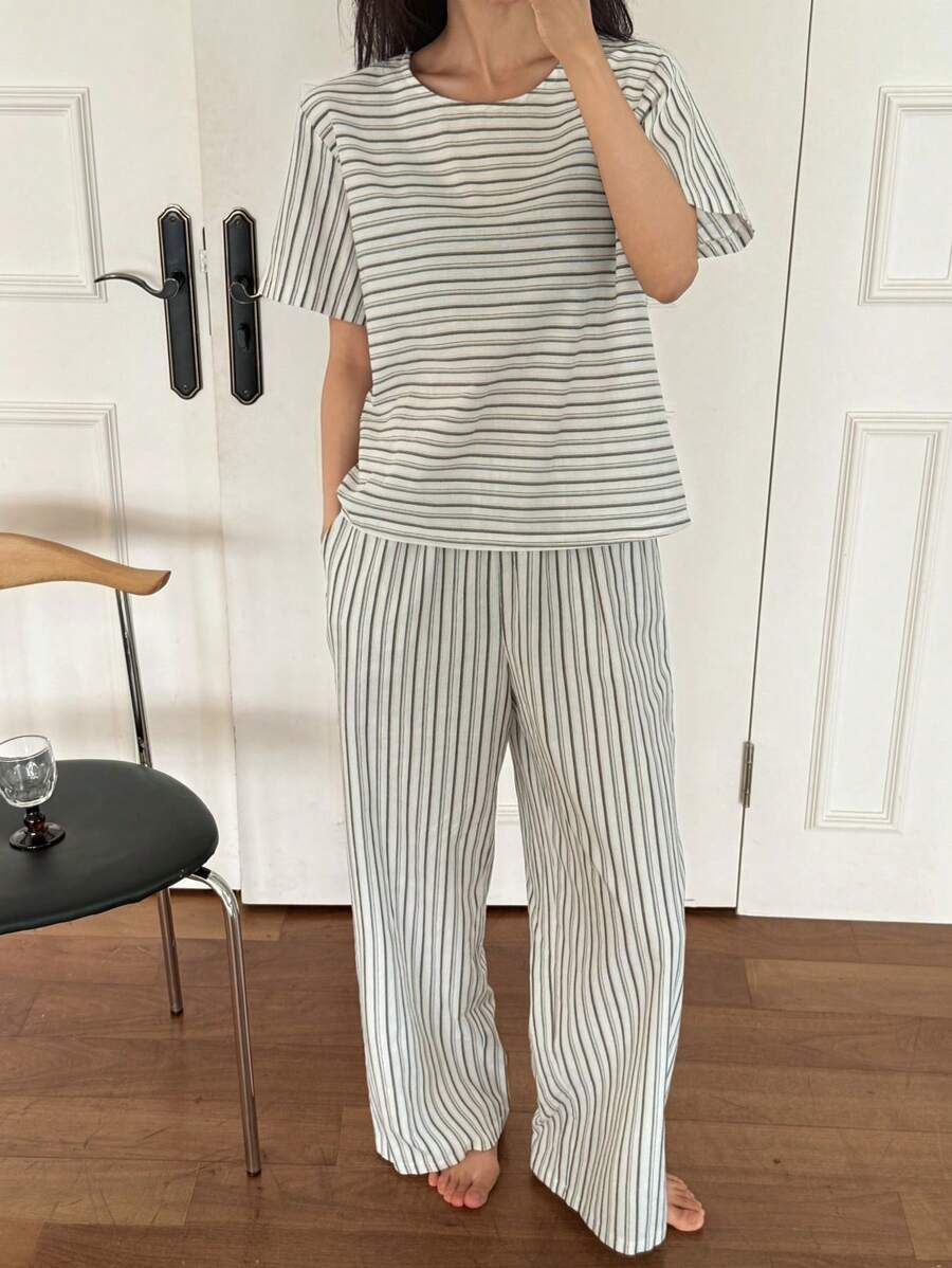 DAZY 女士休闲条纹睡衣套装、家居服 - 卡其色 - 查看 1