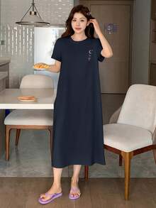 DAZY Đầm ngủ mặc nhà thoải mái tay ngắn in họa tiết cho nữ - Màu xanh hải quân - Xem 4