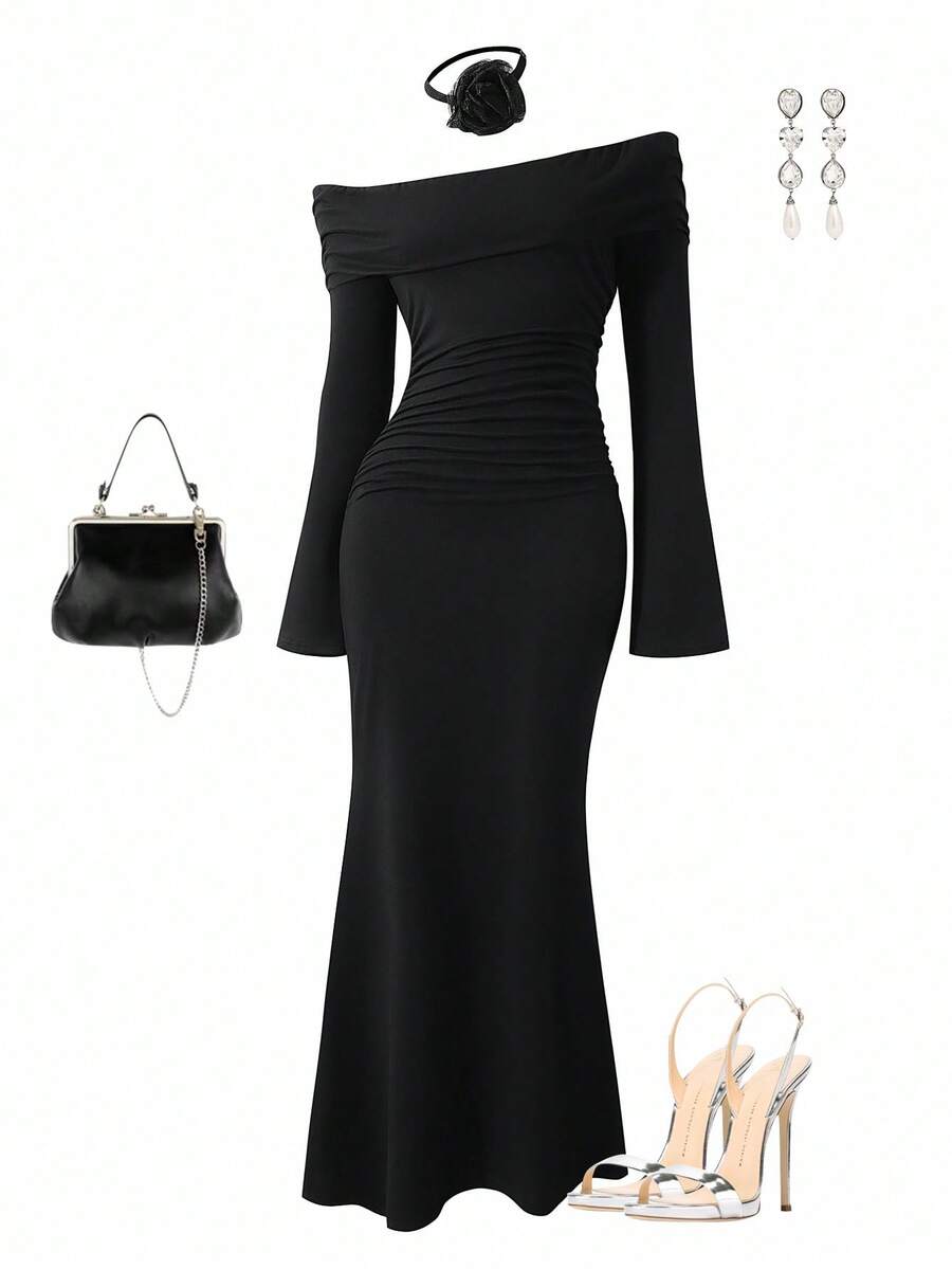 SHEIN Explorewe 适合少女的优雅纯色褶皱露肩喇叭袖连衣裙 - 黑色 - 查看 1