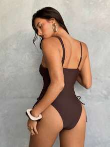 Aloruh Women's One-Piece Swimsuit, Elegant & Sexy Solid Color Crisscross Bandage Open Side High Slit One-Piece Swimsuit, Beach Vacation Outfit,Swimsuits For Woman,Bathing Suits For Women,Bathing Suit,Swimsuits,Bathing Suits,Swim Suits For Women Swimwear,Swim Suit,One Piece Bathing Suit,1 Piece,One Piece Swimsuit