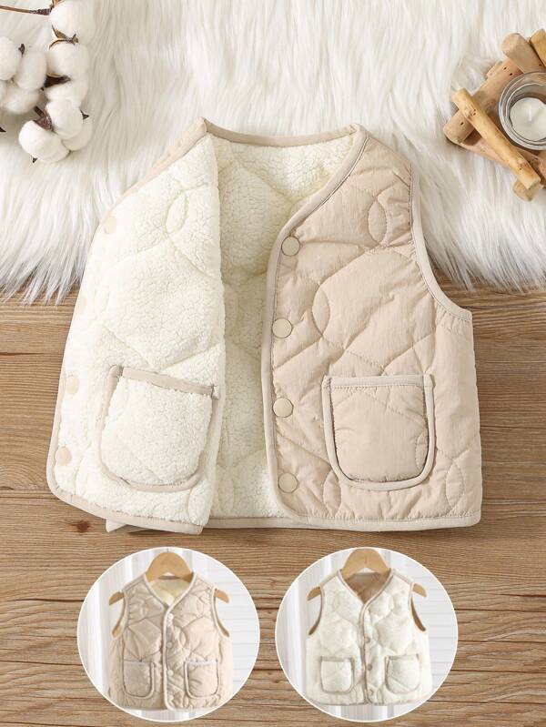 Baby Boys Casual College Style All-Match Simplex  Fleece Reversible Vest Jacket, Suitable For Autumn & Winter, Wear At Home Or Outdoor