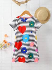 Girls Casual Comfortable Colorful Floral Print Patchwork Pink Striped Round Neck Dress Summer Holiday - Multicolor - View 2