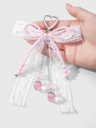 Kawaii 1pc Korean Style Handmade Adorable Beaded Pink Seed Bead, White Lace Bow, Resin Strawberry Pendant Keychain/Bag Charm, Versatile Accessory For Women, Gift Idea