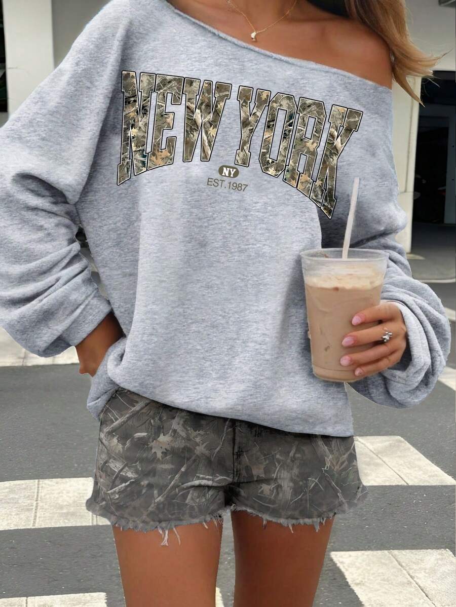 Muchica Vintage New York Retro Street Autumn Withered Branches Camouflage Combination Placement Print Loose Fit Off-Shoulder Long Sleeve Sweatshirt For Women,Long Sleeve Tops Back To School Fall And Winter Clothing Autumn And Winter - Light Grey - View 1
