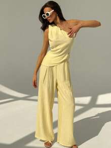 Aloruh Set 2 piese Crop Top și Pantaloni Lungi Fără Mâneci, Elegant, Culoare Solidă, Ținute De Vară De Vară Haine De Vară Ţinute De Plajă Pentru Femeie Ţinute De Vacanţă La Plaja Ţinute De Vacanţă De La Plajă Femeie Haine De Femeie De Vacanţă Tropical Boho