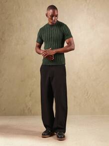 SUMWON Suéter clássico de manga curta com gola alta, modelo ajustado, com padrão linear estiloso, inspirado no visual retrô e vintage - Verde Escuro - Visão 6