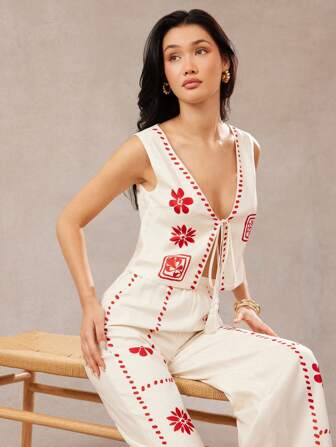 L'Amorae 花卉印花 V 领系带无袖休闲度假背心，夏季