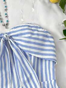 SHEIN Teen Girls Vintage Fashion Holiday Strapless Bow Decor Twist Knot Backless Blue And White Striped Textured Fabric Casual Romper, Summer Clothes, Beach Vacation Outfits, Rave Outfit, Vacation Outfits/ Girls Summer Romper/ Striped Romper Girls Blue And White Romper/ Baby Girl Summer Romper/ Strapless Romper - Blue and White - View 3