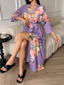 DAZY Floral Print Waist Wrap Front Robe For Women Pajama - Purple - View 4