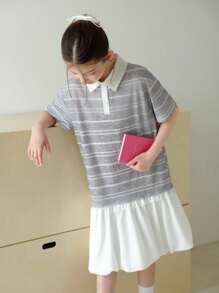 SHEIN Tween Girls Shirt Splicing Stripe Puff Skirt Suit, School Style, Suitable For Summer Casual Wear - Grey - View 3