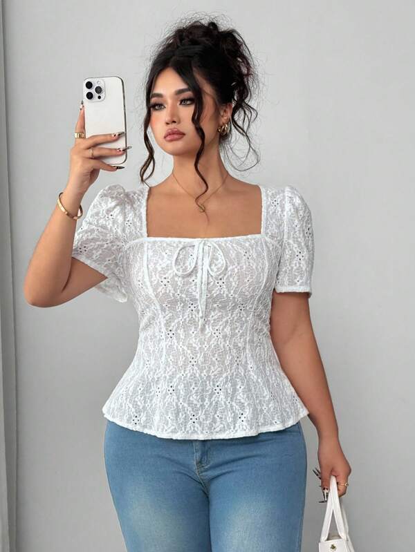 Elenzga Plus Size Women's Elegant Vacation Elastic Short Sleeve Bowknot Front Waist Slimming Split Line T-Shirt