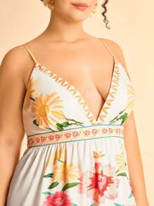 CAJUNI Vestido largo sin mangas con escote en V y estampado tropical de plantas coloridas para mujer de talla grande, uso casual de playa y vacaciones, verano - Multicolor - Ver 6