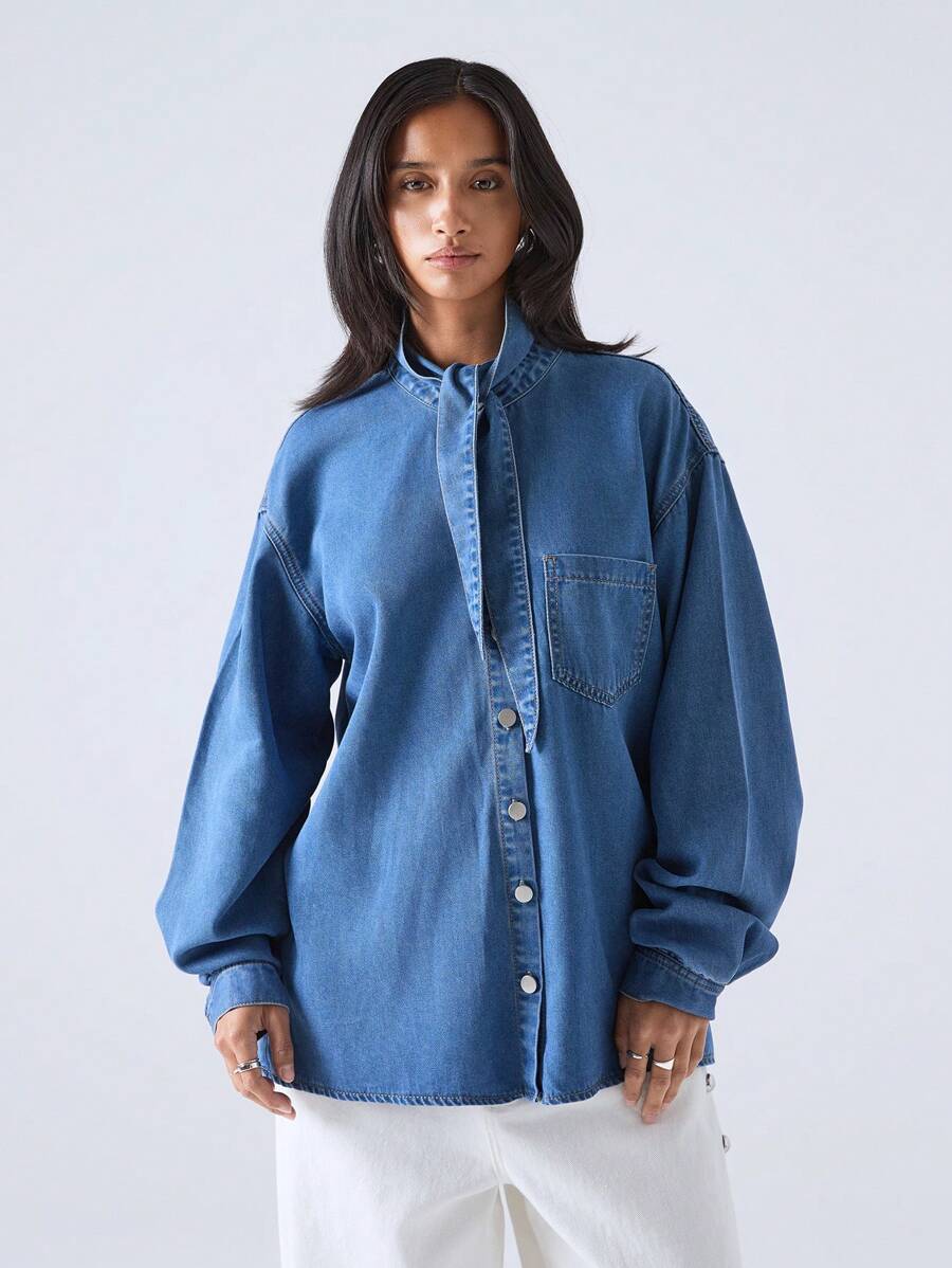 LYSMO 女士休闲领带牛仔夹克，适合春秋季 - 藍色 - 查看 1