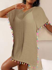 Swim Vcay 女士度假海滩风流苏装饰透视罩衫