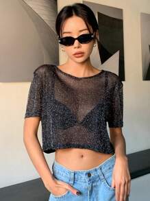 DAZY See Through Crop Mesh Top Without Bra Going Out Tops Festival Sheer Y2k,Beach Outfits