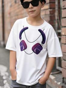 Tween Boys' Casual Everyday Versatile Comfortable Graphic Print Loose Fit Round Neck Short Sleeve Knit T-Shirt - White - View 3