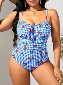 Swim Mod 大码樱桃印花格子连体泳衣，度假和海滩 - 黑色 - 查看 1