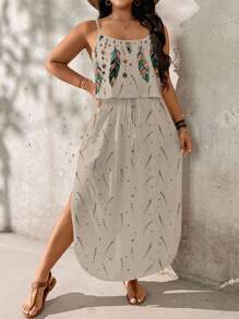 SHEIN LUNE 大码夏日度假金色羽毛印花连衣裙