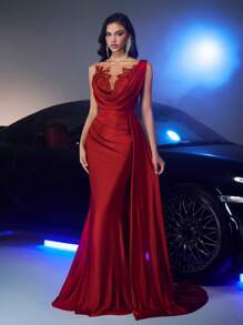 Glamrae 优雅酒红色薄纱花卉贴花高腰垂褶荷叶边不对称鱼尾下摆晚礼服，适合婚礼宾客、毕业典礼、舞会、情人节等场合。 - 酒紅色 - 查看 6