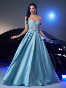 Glamrae Váy Maxi đuôi cá chữ A đính cườm lưới xuyên thấu sang trọng màu xanh da trời thanh lịch có cổ áo jacquard có đính hạt và cạp chun có thể điều chỉnh, phù hợp cho các buổi hẹn hò, sinh nhật, sự kiện trang trọng, đám cưới, tốt nghiệp, dạ hội, tiệc tối - Màu xanh nhạt - Xem 6