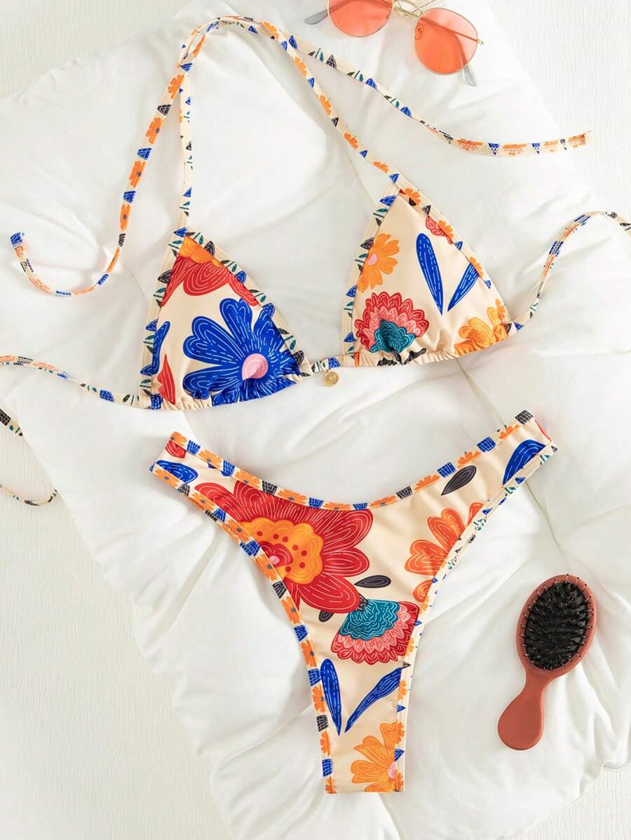 Swim Vcay 2件套针织节日派对和沙滩数码印花金属点缀无线性感优雅夏季女式比基尼泳装 - 彩色 - 查看 1