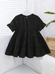 SHEIN Babygirl Cute Solid Texture Ruffle Trim Short Sleeve Summer Dress - Black - View 2