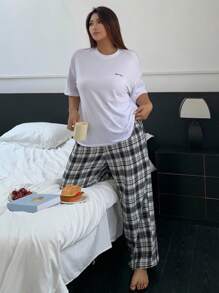 Dazy Petite Plus 纯色字母印花睡衣套装，配格子睡裤，绿色，四季皆宜 - 白色 - 查看 6