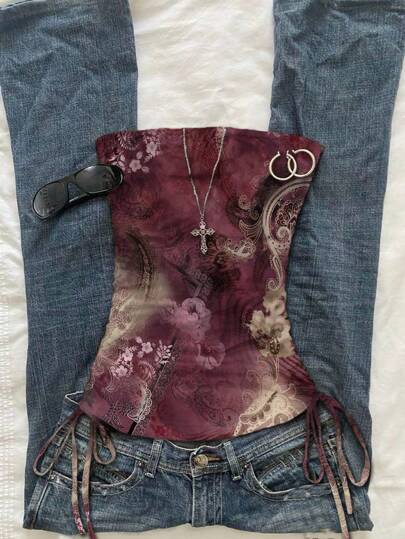 Attitoon Women Vintage Ruched Tie-Front Crop Top, Suitable For Summer, Vintage, Encore Red, Paisley Print Back To School