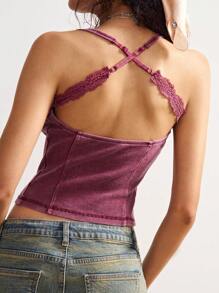 Bohemela Women's Boho Casual Solid Color Knit Contrast Lace Trim Fitted Camisole, Autumn/Winter - Red Violet - View 7