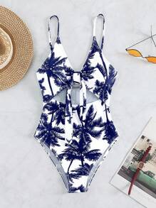 Swim Vcay Coconut Tree Printed Hollow Out One-Piece Swimsuit, For Vacation & Beach For Summer