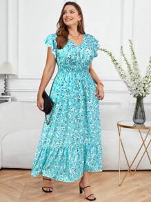 SHEIN Clasi Vestido largo con estampado de flores diminutas para tallas grandes, estilo casual de vacaciones - Azul menta - Ver 4