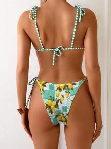 Swim Vcay Ensemble de bikini avec nœud papillon rayé, imprimé citron, détail nœud, mignon, pour vacances à la plage, festival d'été