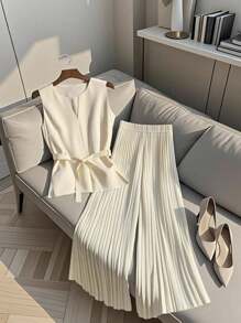 Franclia 女式休闲松紧腰背心，V 领和褶皱抽绳直筒裤套装