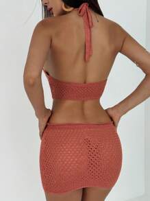 Aloruh Vestido mini con escote trasero sin espalda, decoración de lentejuelas huecas tipo concha, tirantes halter, de tejido de punto, color naranja-marrón, adecuado para primavera y verano de vacaciones