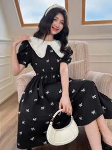 SHEIN 少女优雅返校蝴蝶结印花拼色修身喇叭裙，适合春季假日、度假、派对和日常穿着 - 黑與白 - 查看 6