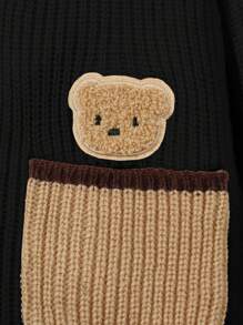 SHEIN Suéter de cárdigan de manga larga con diseño gráfico de oso adorable, estilo casual y cómodo para niños, apto para uso al aire libre, en el hogar, ocio, calle y fiestas - Negro - Ver 5