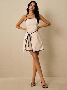 Poéselle Leinenkleid, Kleid mit Kontrastsaum, Bürokleidung für Damen, Arbeitskleidung, lässiges Mini-Unterkleid mit Bindeband vorne für Damen, schlicht und modisch, Old-Money-Stil, der Stoff ist bequem und atmungsaktiv, geeignet für den Alltag, zum Ausgehen, Pendeln, für Verabredungen, für den Urlaub usw. Poeselle