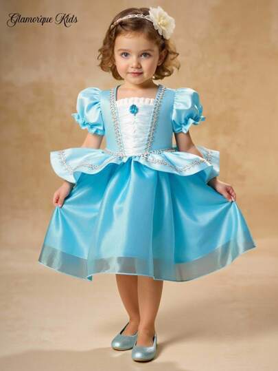 SHEIN Glamorique Kids Baby Girl Blue Puff Sleeve Dress, Blue Mesh, Gems, Stage, Middle Eastern, Lightweight Summer, Beach, Playful, Tropical, Seaside Princess Dress For Toddlers Princess Dress Toddler Party