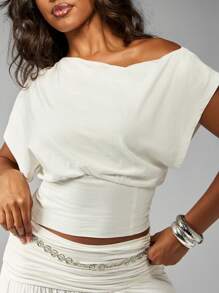 MISSGUIDED 露肩短款上衣夏季优雅合身衬衫沙滩派对晚会时尚褶皱腰设计场合穿着 - 白色 - 查看 3