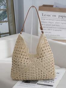 Cirelle A Fashionable Hand-Woven Hollowed-Out Straw Shoulder Bag – Boho Summer Tote Beach Bag, For Vacation, Outings, Camping & Parties